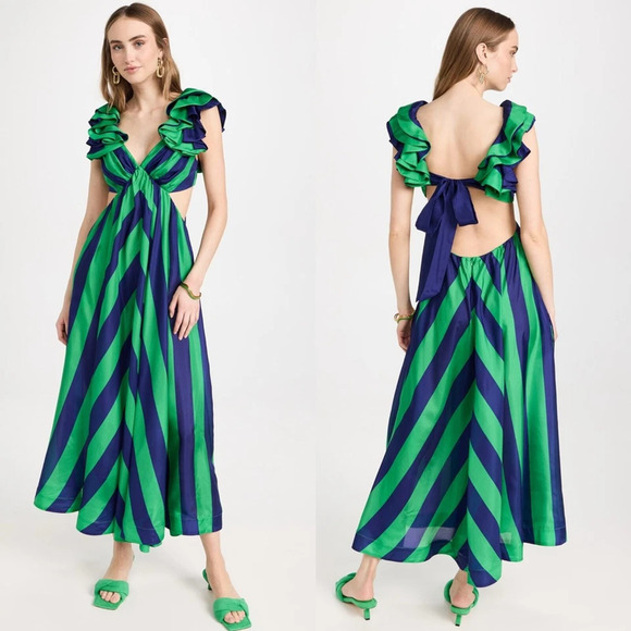 Zimmermann Dresses & Skirts - Zimmermann Tiggy Silk Striped Frill Shoulder A-Line Maxi Dress Green Blue 1 / S